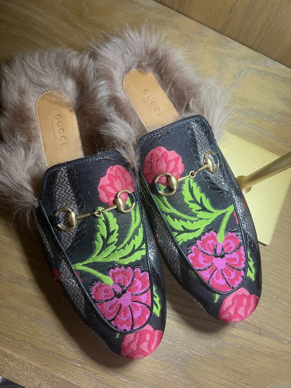 Gucci Black Floral Embroidered Fur-Lined Princetown Mules